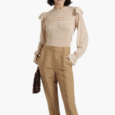 Jersey tejido con volantes Aje Lily beige marrón XS mezcla de lino manga larga nuevo con etiquetas precio de venta sugerido por el fabricante $295 Foto 1 de 4