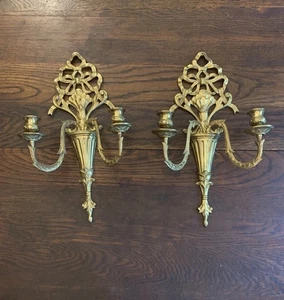 Pair Vtg Heavy Brass Hollywood Regency Ribbon Wall Double Arm Candelabra 16.5” - Picture 1 of 24