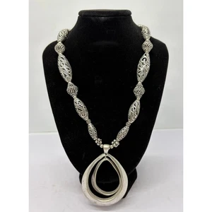 Chico’s Silver Tone Beaded Hammered Abstract Pendant Necklace Statement Piece - Picture 1 of 5