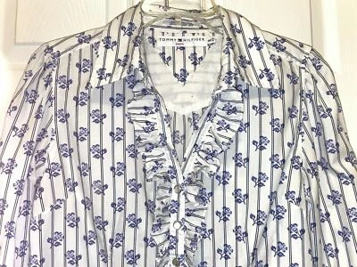 Tommy Hilfiger Woman's Blue & White Floral Snap Up Ruffled Blouse Sz M 36" Bust - Image 1 of 4