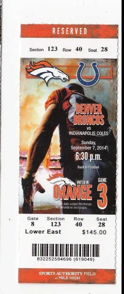 2014 DENVER BRONCOS VS INDIANAPOLIS COLTS TICKET STUB 9/7 LUCK PEYTON MANNING - Image 1 of 1