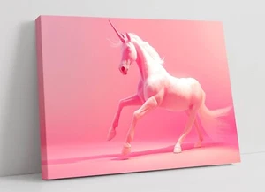 WHITE UNICORN GALLOPING PINK BACKGROUND -FRAMED CANVAS WALL ART PICTURE PRINT - Picture 1 of 2