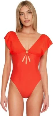 Trina Turk Monaco Flutter 1 件套泳装 10 & 12 露脖红色火焰全新带标签 — 第 1/4 张图片