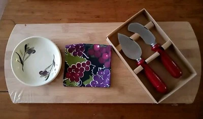 New Wood Serving Tray Charcuterie Cheese Board w/Olive Oil Bowl & Serving Knives - Image 1 of 4