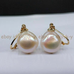 Genuine Natural 12-13mm South Sea White Baroque Pearl Dangle Earrings 14k Gold - Picture 1 of 6