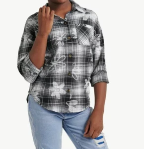 Justice Girls Oversized Black and White Flowered Flannel Top NWT - Picture 1 of 4