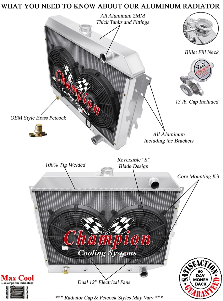 68-74 Mopar with Hemi Engine 3 Row KR Champion Radiator 2 x 12" Fan combo - Image 1 of 4