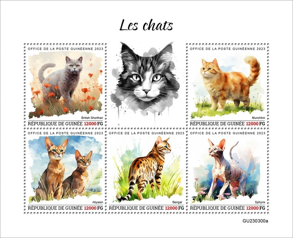 Estampillas de gatos británicos de pelo corto Munchkin abisinia Bengala MNH 2023 Guinea M/S Foto 1 de 1