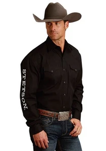Stetson Mens Western Logo Sleeve Black 100% Cotton L/S Shirt - Picture 1 of 2