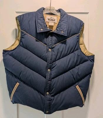 Chaleco acolchado Woolrich vintage para hombre XL azul tostado Western Chevron años 70 80 logotipo de oveja Foto 1 de 4