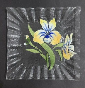 Verschmolzen Kunst Glas Blau Gelb Iris Gerafft Quadratisch Servierplatte 9" - Bild 1 von 10
