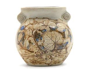 Vtg Handmade TENMOKU POTTERY VASE Malaysia Handcrafted Embossed Signed - Picture 1 of 15