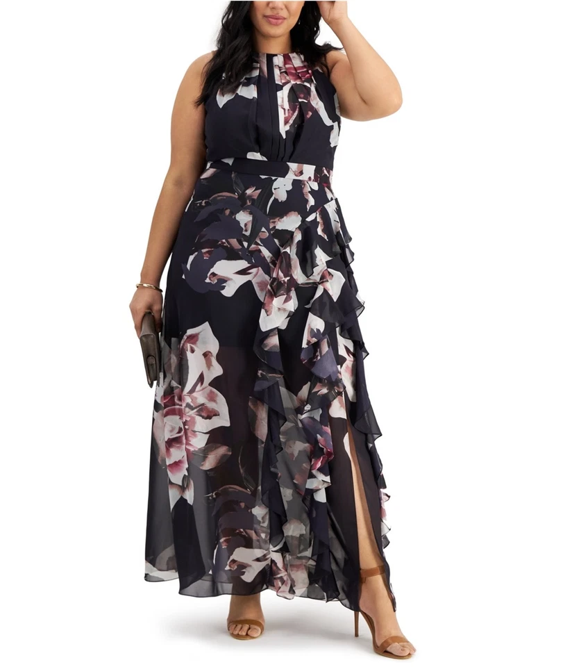 Betsy & Adam Ruffled Chiffon Print Dress Purple 6P - Image 1 of 1