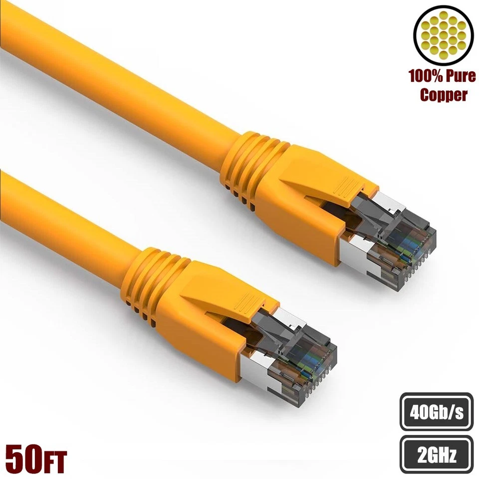 50FT CAT8 RJ45 Network LAN Ethernet Patch Cable S/FTP 2GHz 40Gbps Copper Yellow - Image 1 of 4