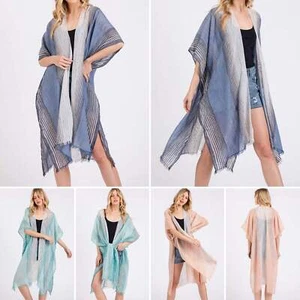 Striped Two Tone Cover up Kimono Shawl Blue, Mint or Coral - Picture 1 of 17