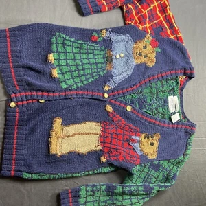 Vtg 90s Retro teddy bear couple Love Gift hand knit cardigan sweater tartan - Picture 1 of 9