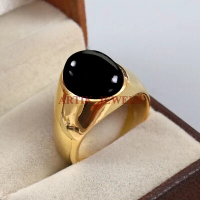 Naturschwarz Onyx Edelstein Mit Vergoldet 925 Sterlingsilber Herren Ring 4819 - Bild 1 von 4