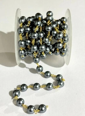 Rollo a granel de alambre chapado en oro cadena rosario perlas concha negra de 8 mm para hacer joyas Foto 1 de 4