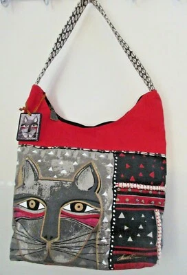 Bolso de Mano Laurel Burch Gato Bigote Bolso de Hombro HOBO Rojo Gris Negro *HERMOSO* Foto 1 de 4