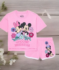 Minnie/Mickey Mouse Girls Pink Floral Tee and Shorts Outfit Set, 2 Pc 10/12 New - Picture 1 of 7