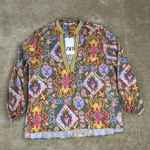 Zara Womens Boho Top M Henley multicolor Blouse embroidered african NEW - Picture 1 of 17