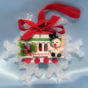 Vintage San Francisco HOLZ SEILBAHN, SCHNEEMANN, KUNSTSTOFF SCHNEEFLOCKE WEIHNACHTSSCHMUCK - Bild 1 von 2