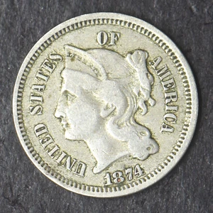 1874 3C Three Cent Nickel - COINGIANTS - - Picture 1 of 2