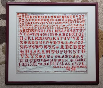 Antq (1898) 23" x 26" Redwork Cross Stitch Alphabet Embroidery Wedding Sampler - Image 1 of 4