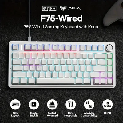 Aula F75 Wired Mechanical Keyboard, White, Blue Switches, Box Damage - Image 1 of 4