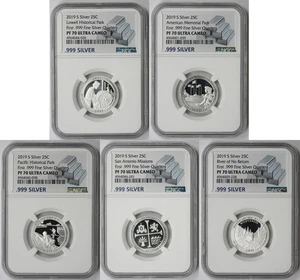 5 Coin Set 2019-S ATB First .999 Silver Quarters 25C PF 70 Ultra Cameo NGC - Picture 1 of 12
