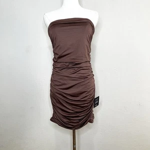 Mini Vestido Lulus Ejemplary Charm Marrón Sin Tirantes Acanalado Bodycon Talla Grande NUEVO - Imagen 1 de 9