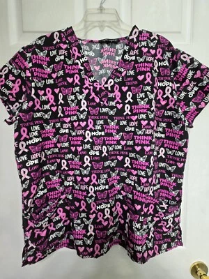 Cassandra O Scrub Top Size XL-Black/Pink Heart/CA Ribbon-Chest 24"/L 28.5" - Image 1 of 4