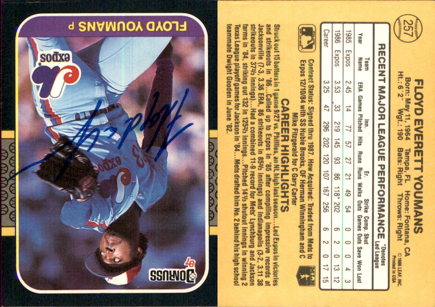 Floyd Youmans Signed 1987 Donruss #257 Card Montreal Expos Auto AU