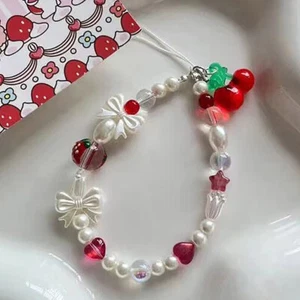 Cute Red Cherry Phone Strap Charms Strawberry Landyard Keychain Keycord For Girl - Zdjęcie 1 z 7