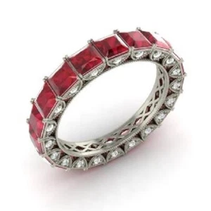 3.75 Ct Princess Real Ruby & Diamond Eternity Band 14K Solid White Gold A - Picture 1 of 9