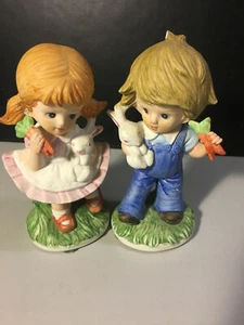 Adorable Boy and Girl Ceramic Figurines with Easter Bunnies - Picture 1 of 4