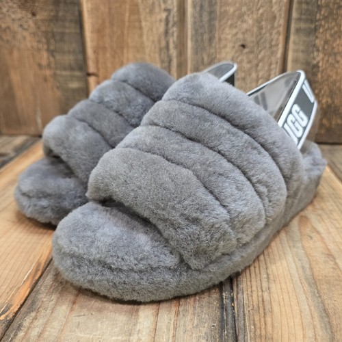 UGG FLUFF YEAH SLIDE DONNA US 6 GRIGIO LANA PANTOFOLA SLINGBACK