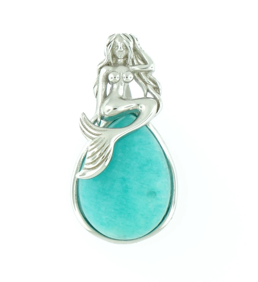 Colgante de sirena de plata de ley 925 maciza con piedras preciosas de amazonita natural para mujer Foto 1 de 1
