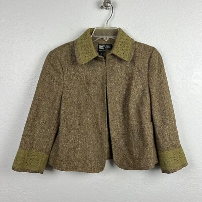 Chaqueta para mujer Worth marrón tweed mezcla de lana manga 3/4 frente abierto talla 10 Foto 1 de 4
