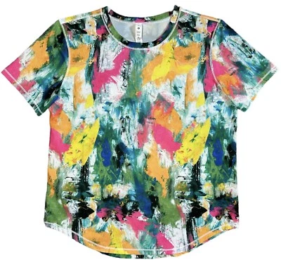 Camiseta feminina LULULEMON gola alta trem de corrida TAMANHO 6 pintura colorida respingo curta Slv - Imagem 1 de 4