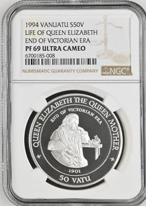 1994 Vanuatu 50 Vatu Queen Elizabeth Victoria-End of an Era Silver NGC PF69 - Picture 1 of 6