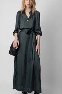 Zadig&Voltaire Women's Sea-Island Filament Satin V-Neck Long Swing Shirt Dress - Picture 1 of 12