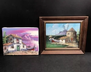 Oil Paintings x2 Windmill Boat Water House Mountains Canvas Framed Art - Picture 1 of 6