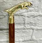 Antique Designer Brass Puma Handle Walking Stick Brown Wooden Brass Inlaid Cane