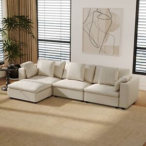Beige Modular Sectional Sofa with Ottoman 4 Seat L-Shaped Convertible Sofa