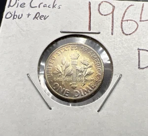Moneda de diez centavos de plata Roosevelt 1964 D 10c BU troqueles grietas variedad anverso + tóner - Imagen 1 de 8