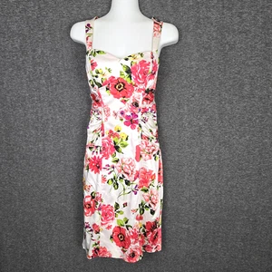 Cache Dress Womens 6 White Red Floral Satin Sleeveless Bodycon Sheath Ruched - Picture 1 of 11