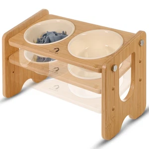 Elevated Dog Bowls – Adjustable Bamboo Stand with Two 22oz Ceramic Bowls, 13°... - Picture 1 of 7