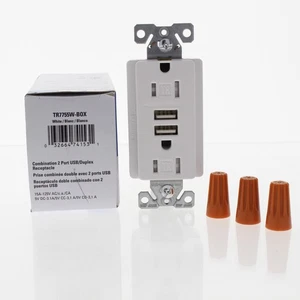 Eaton TR7755W White Tamper Resistant 15A Outlet Receptacle 3.1A USB Charger - Picture 1 of 7
