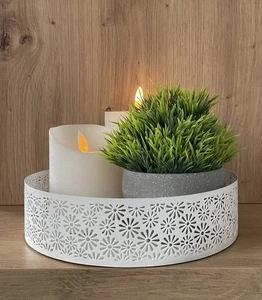 Deko Tablett Schale Metall Weiß Mit Blumenmuster Rund Landhaus Skandi Shabby - Bild 1 von 3